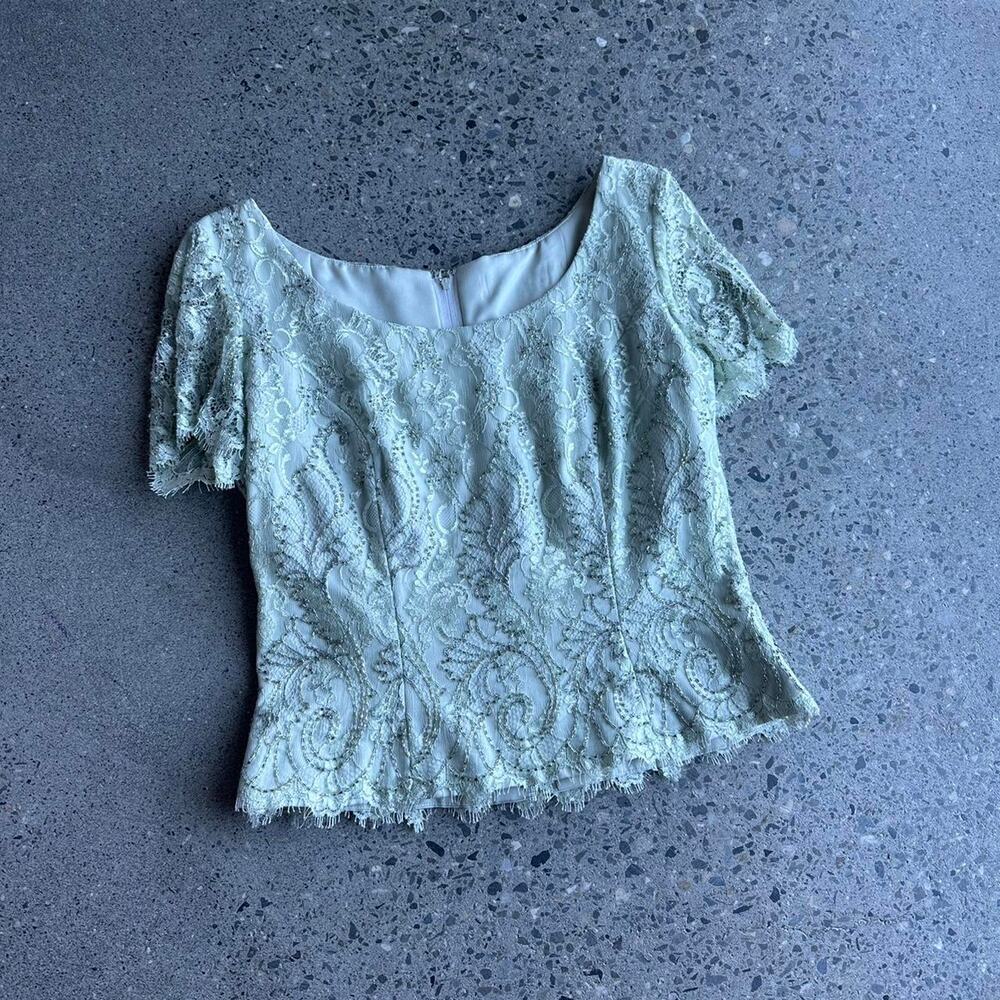 Women’s Medium Blouse Blue Beadwork Floral Lace Zip Up Vintage Blouse